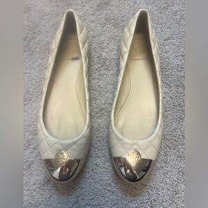 Tory Burch Cream Quilted Flats with Silver Accents